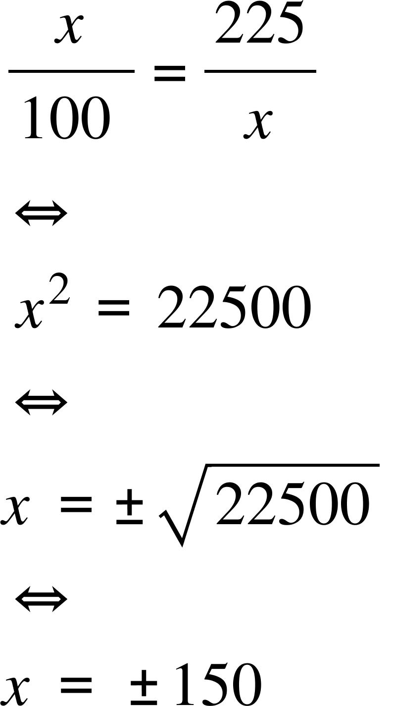 fraction numerator x over denominator 100 space end fraction equals 225 over x space
left right double arrow
space x squared space equals space 22500 space space
left right double arrow
x space equals plus-or-minus square root of 22500 space
left right double arrow
x space equals space plus-or-minus 150
