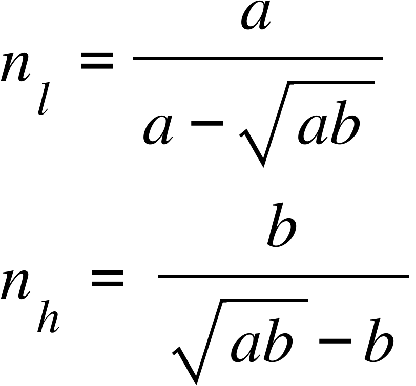 n subscript l space equals fraction numerator a over denominator a minus square root of a b end root end fraction
n subscript h space equals space fraction numerator b over denominator square root of a b end root minus b end fraction