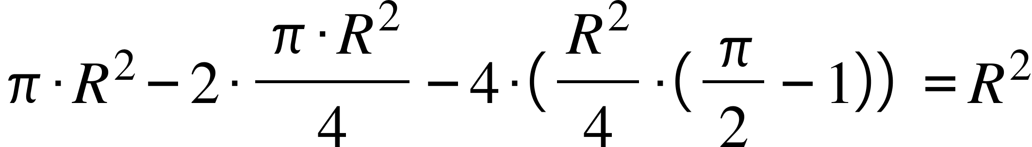 pi times R squared minus 2 times fraction numerator pi times R squared over denominator 4 end fraction minus 4 times left parenthesis R squared over 4 times left parenthesis pi over 2 minus 1 right parenthesis right parenthesis space equals R squared